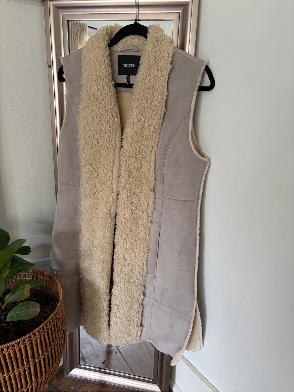 NIC+ZOE Faux Suede Sherpa Shearling Vest Taupe Beige Longline M